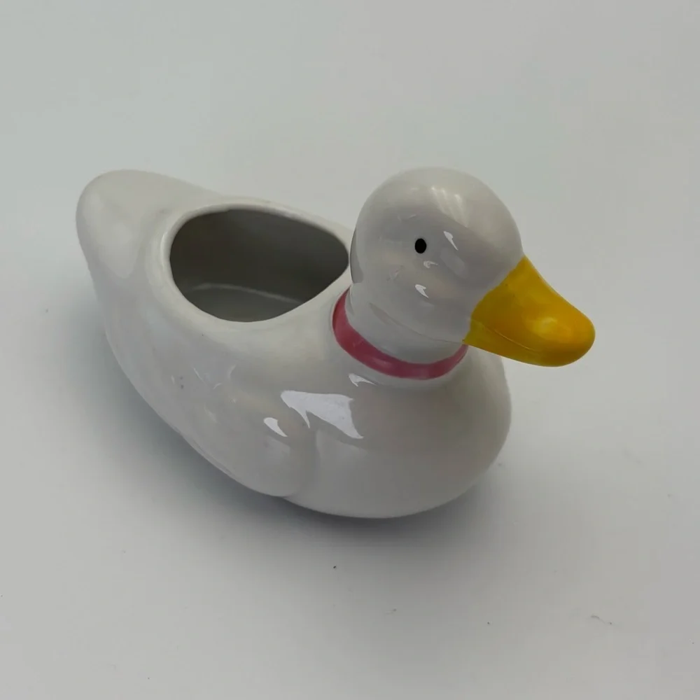 Charming White Duck Planter with Red Bow